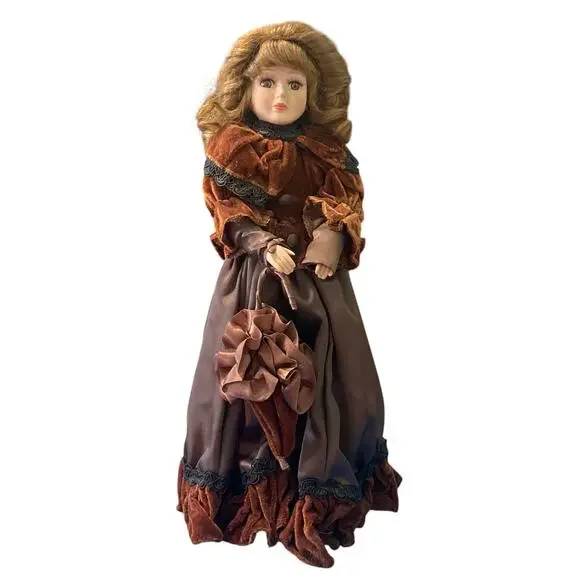 Vtg Porcelain Doll Brown Eyes Lashes Brunette Wavy Hair Shoes Umbrella Stand - Picture 12 of 13